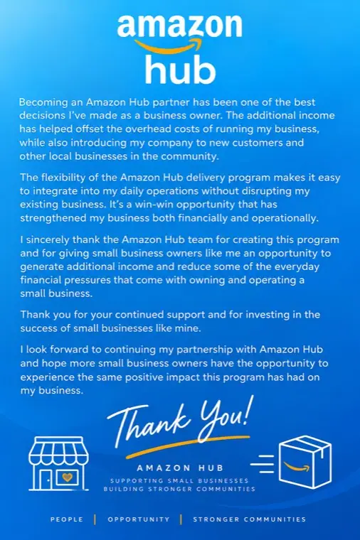 Amazon Hub partner message about supporting small businesses