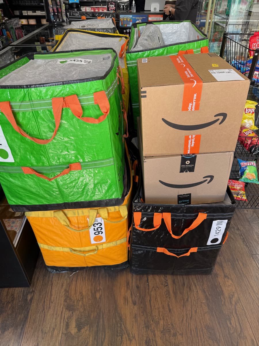 Amazon Hub delivery bags and parcels organized for pickup