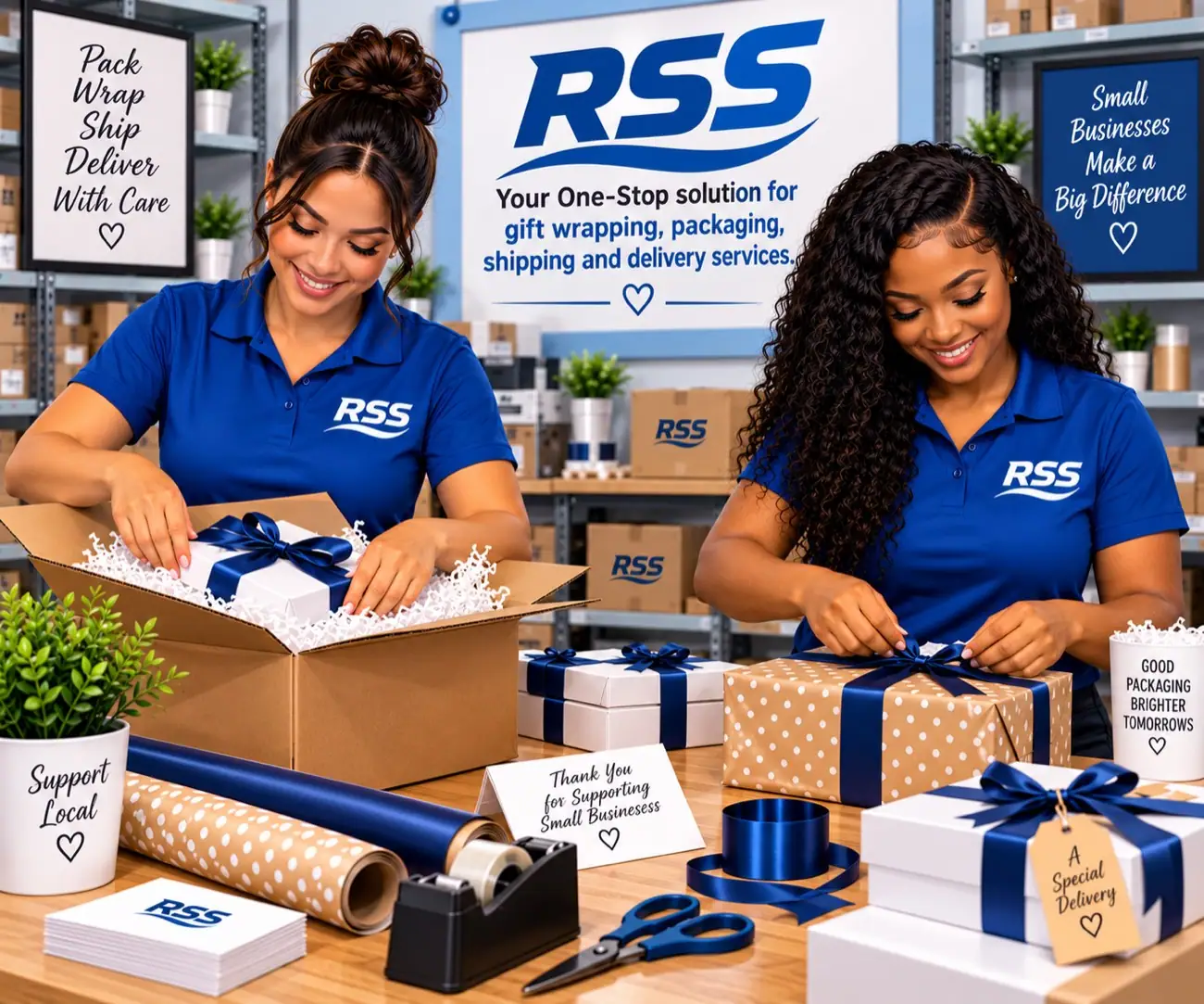 RapidSend team members carefully wrapping and packing gifts