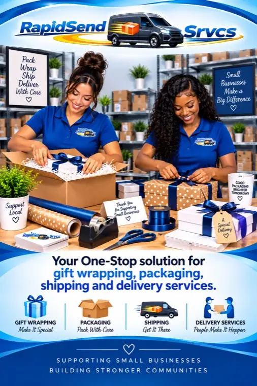 RapidSend service poster showing gift wrapping, packaging, shipping, and delivery