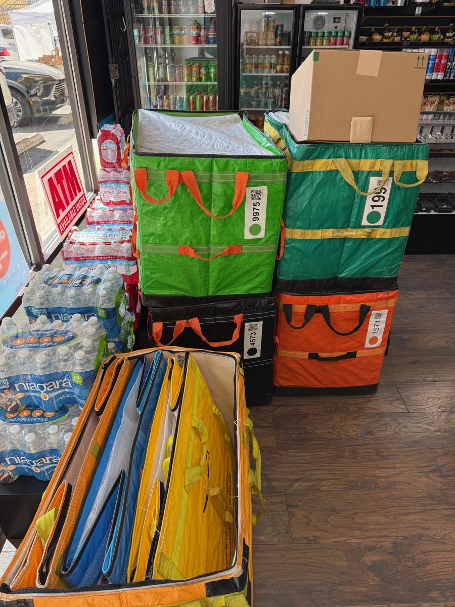 Color-coded Amazon Hub containers sorted for local delivery